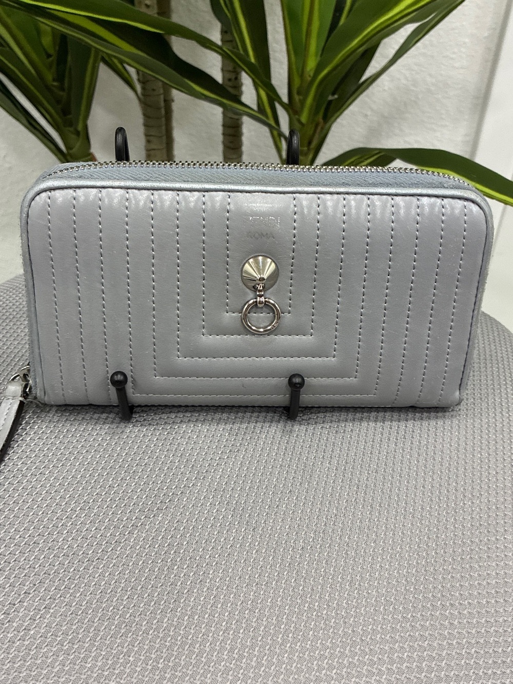Fendi Roma Gray Leather Zip Around Wallet Authentic